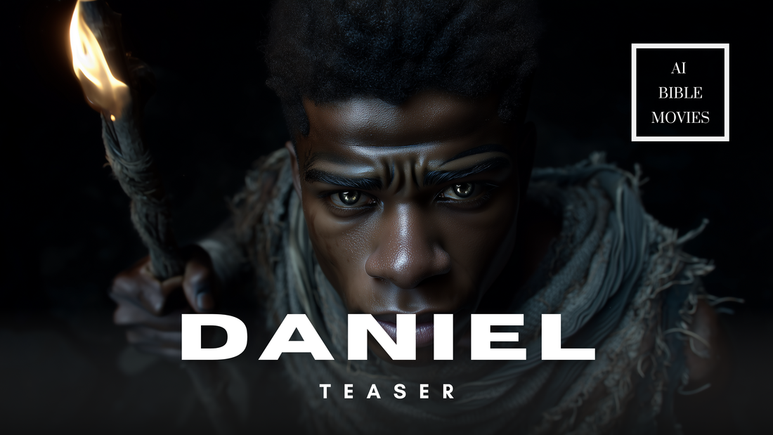 Still frame of the Daniel teaser video for AI Bible Movies, showing the title card with ‘AI Bible Movies’.